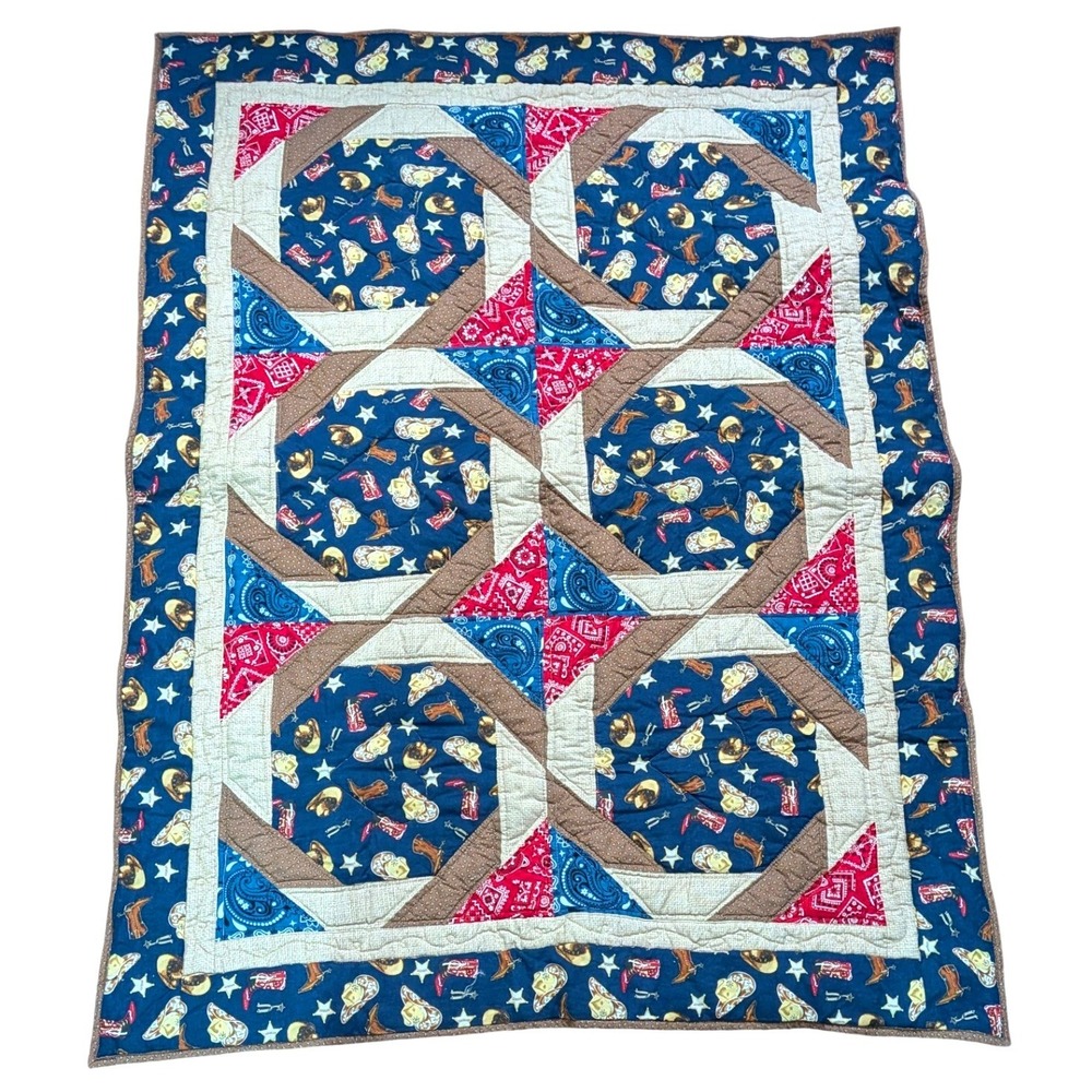 Handmade‎ Western Cowboy Patchwork Quilt Navy Blue Red Bandana Nursery 36x47